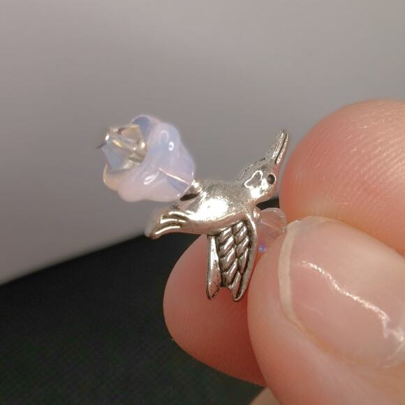 Tibetan Silver Hummingbird Earrings Artisan Dangle Floral Crystal Beaded NEW - Picture 6 of 8